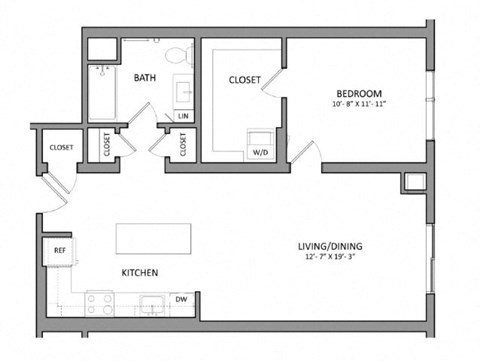 Floor plan for 1 bed, 1 bath, 750 sqft